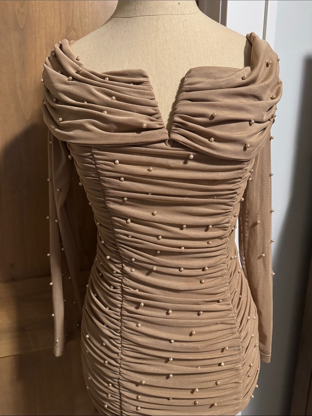 ESHER Collection Event Dress Womens S Mesh Rouching pearl beads Body Con bridal